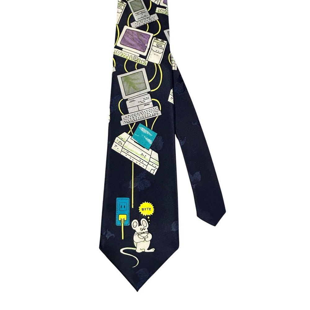Men's Necktie Tie First Polyester Computer Nerd Tech Mouse Byte Cord Wide 57"